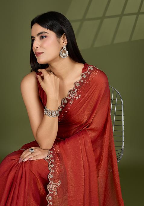 Orange Swarovski Zircon Work Satin Silk Saree Set