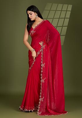 Rani Pink Swarovski Zircon Work Satin Silk Saree Set