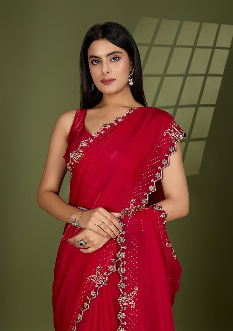 Rani Pink Swarovski Zircon Work Satin Silk Saree Set
