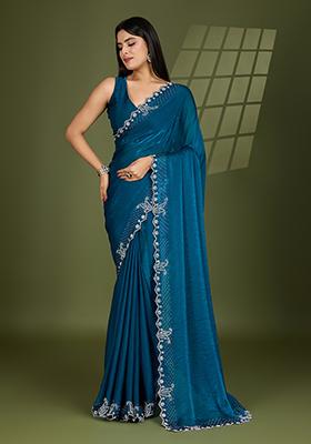 Teal Blue  Swarovski Zircon Work Satin Silk Saree Set