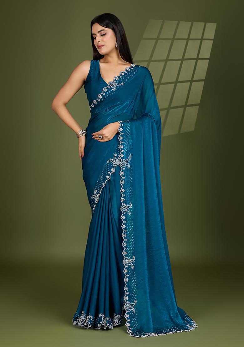 Teal Blue  Swarovski Zircon Work Satin Silk Saree Set