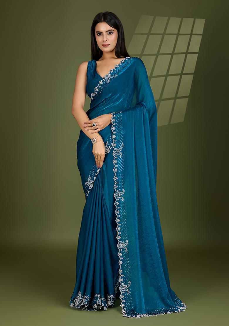 Teal Blue Swarovski Zircon Work Satin Silk Saree Set