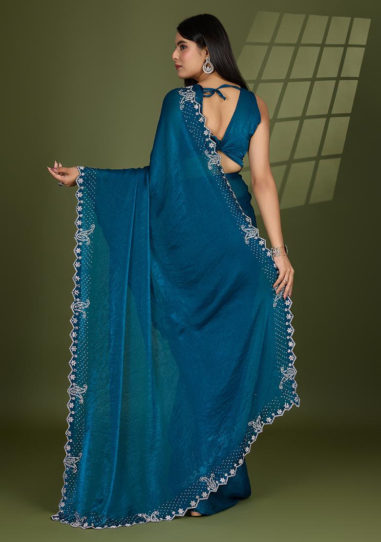 Teal Blue  Swarovski Zircon Work Satin Silk Saree Set