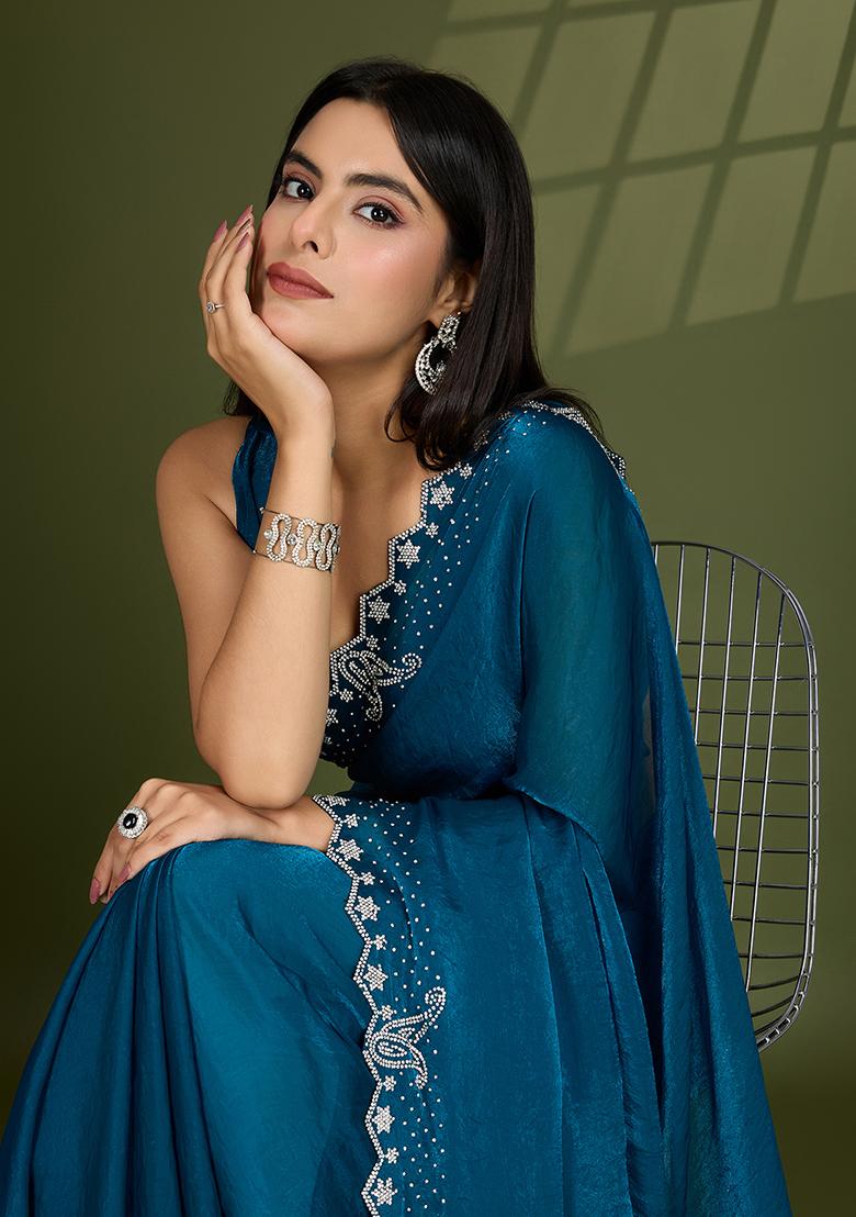 Teal Blue Swarovski Zircon Work Satin Silk Saree Set