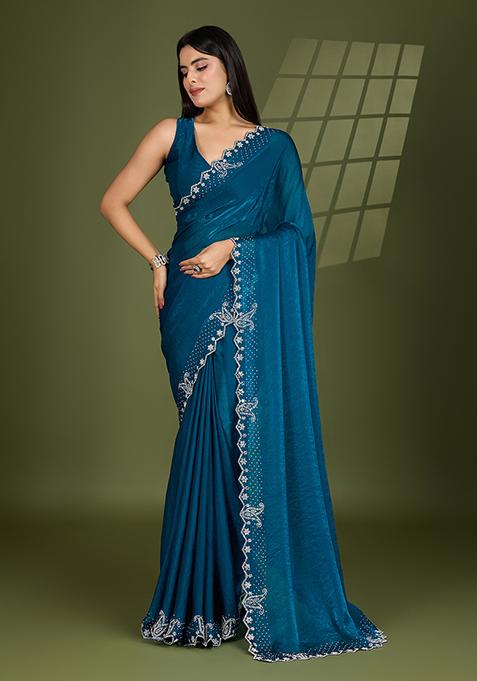 Teal Blue  Swarovski Zircon Work Satin Silk Saree Set
