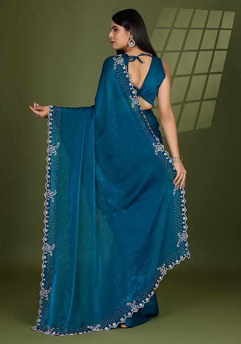 Teal Blue Swarovski Zircon Work Satin Silk Saree Set