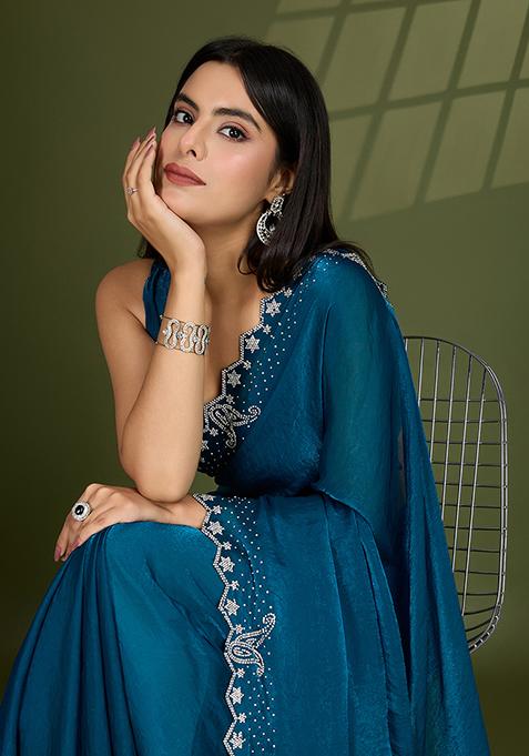 Teal Blue Swarovski Zircon Work Satin Silk Saree Set