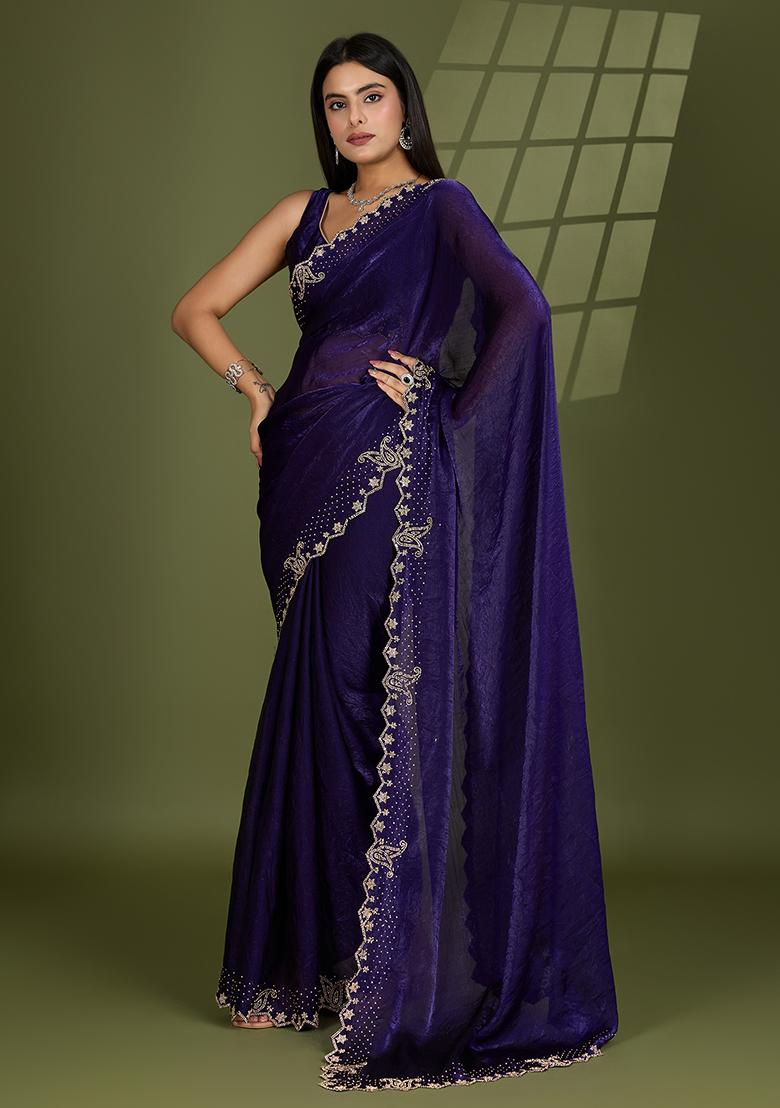 Violet Swarovski Zircon Work Satin Silk Saree Set