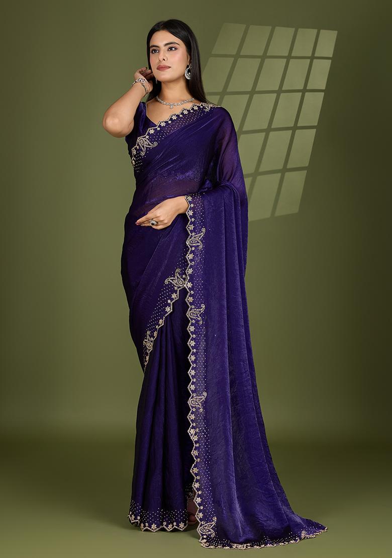Violet Swarovski Zircon Work Satin Silk Saree Set
