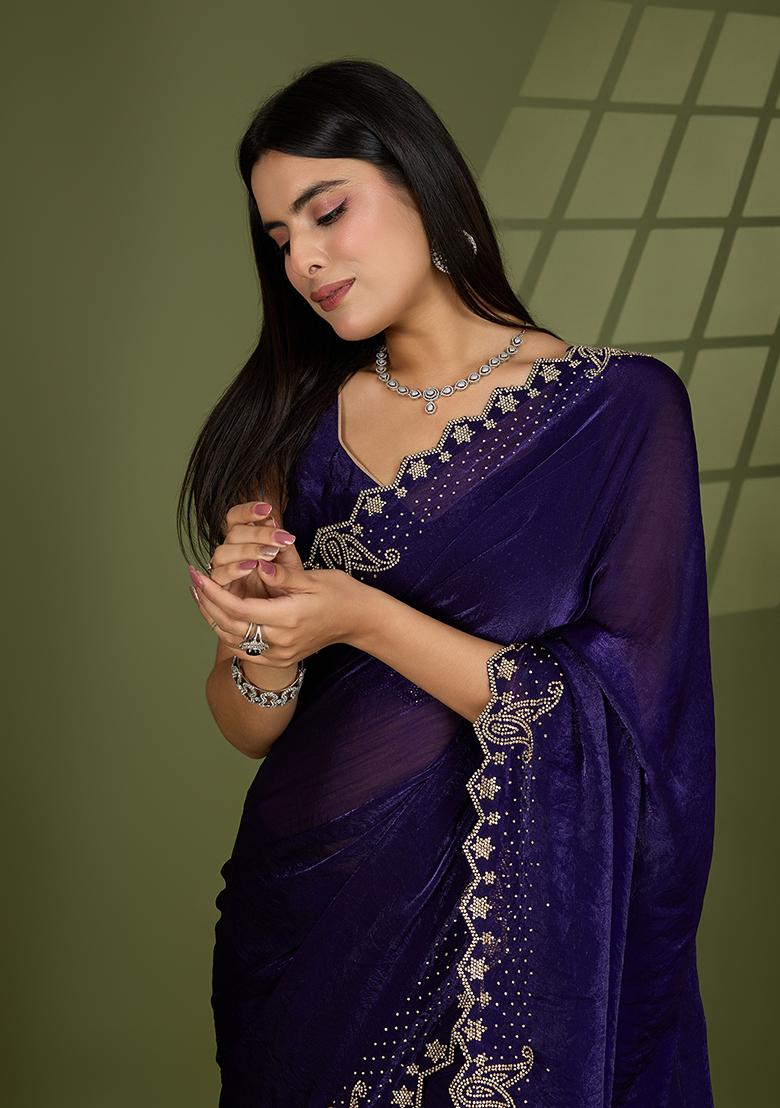 Violet Swarovski Zircon Work Satin Silk Saree Set
