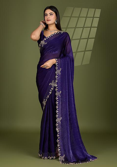 Violet Swarovski Zircon Work Satin Silk Saree Set