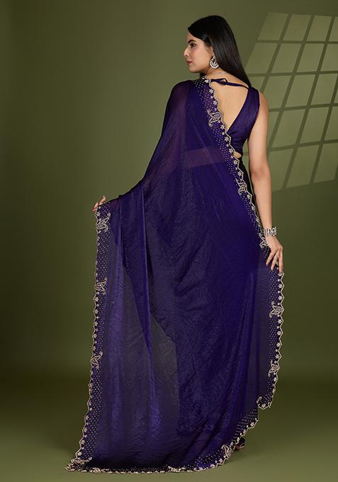 Violet Swarovski Zircon Work Satin Silk Saree Set