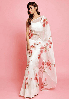 Off White Printed Organza Saree Set