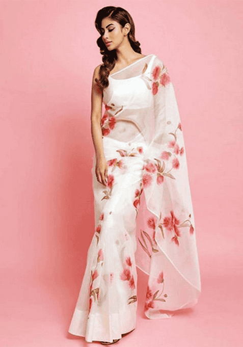 Off White Printed Organza Saree Set