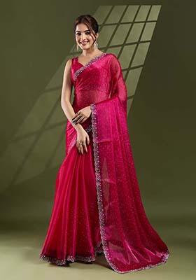 Rani Pink Swarovski Work Silk Chiffon Saree Set