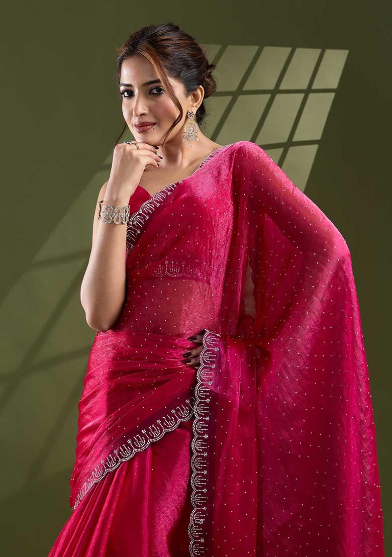 Rani Pink Swarovski Work Silk Chiffon Saree Set