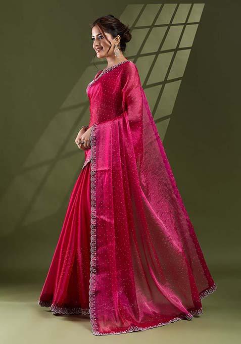 Rani Pink Swarovski Work Silk Chiffon Saree Set