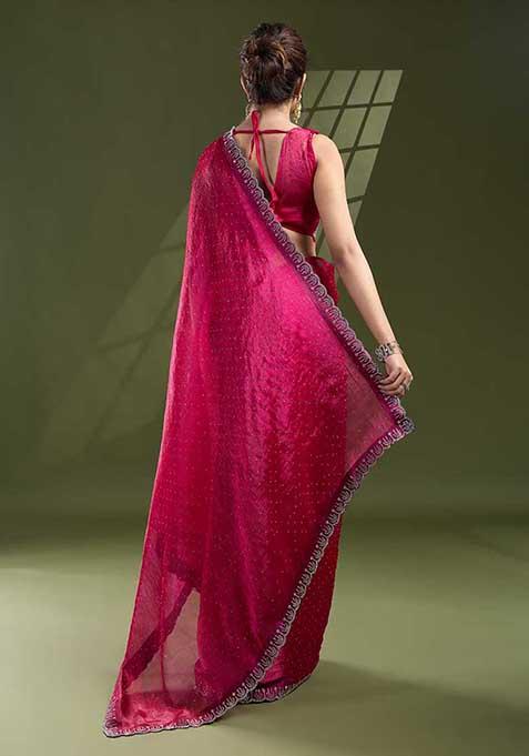 Rani Pink Swarovski Work Silk Chiffon Saree Set