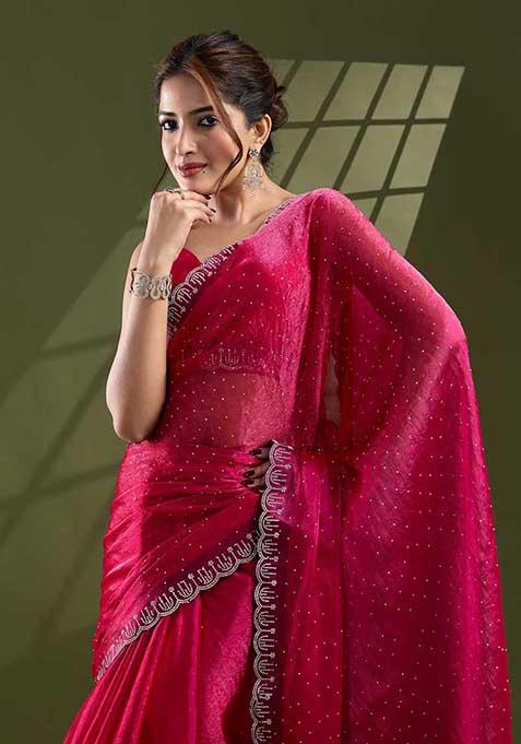 Rani Pink Swarovski Work Silk Chiffon Saree Set