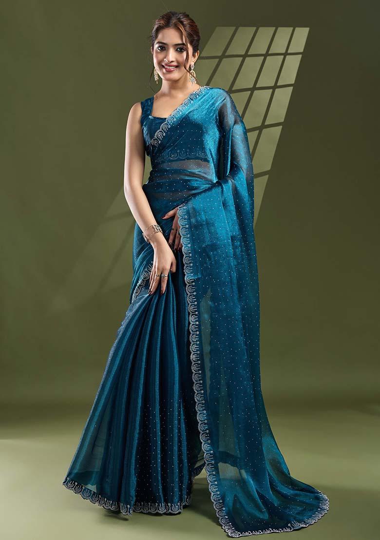 Teal Blue Swarovski Work Silk Chiffon Saree Set