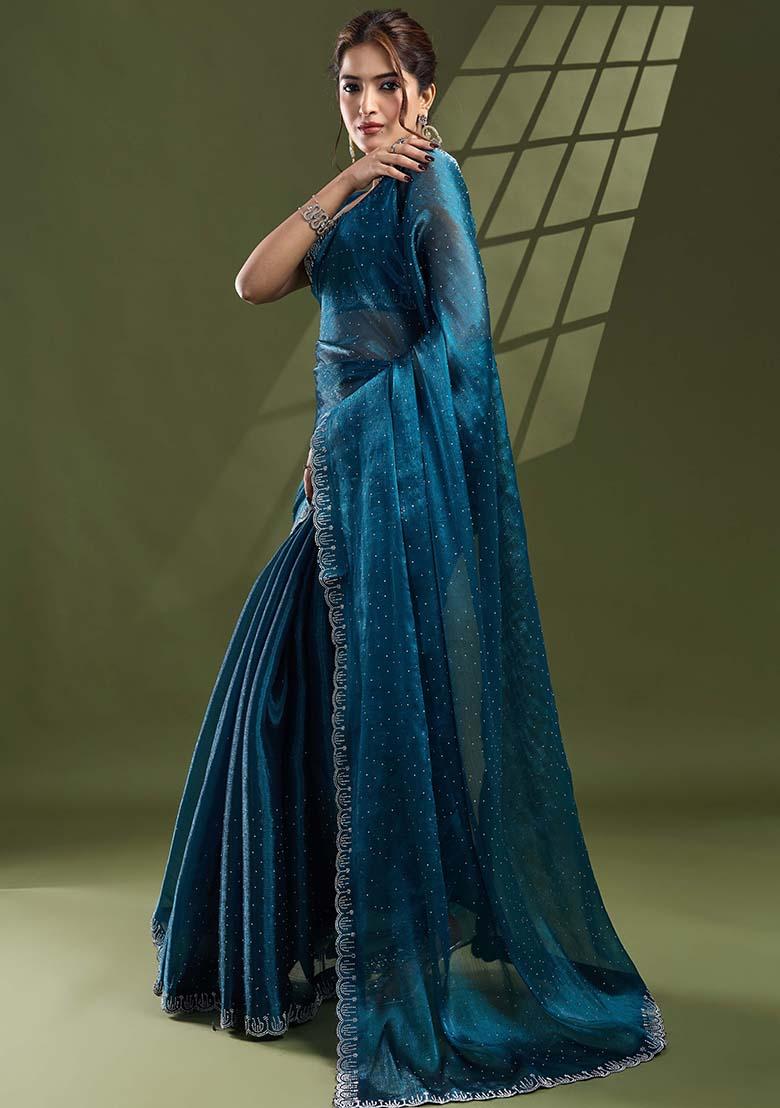 Teal Blue  Swarovski Work Silk Chiffon Saree Set