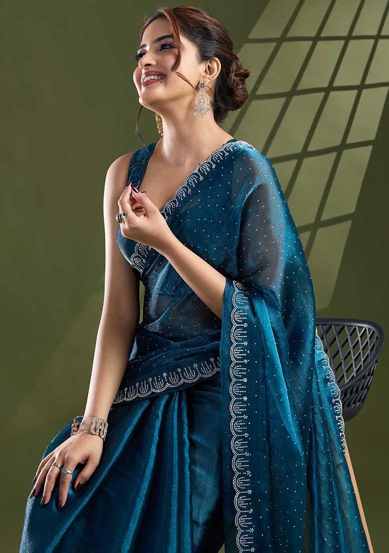 Teal Blue  Swarovski Work Silk Chiffon Saree Set