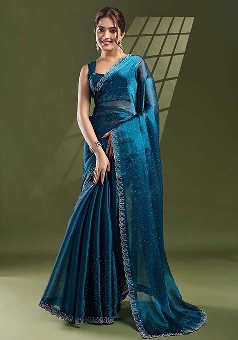 Teal Blue  Swarovski Work Silk Chiffon Saree Set