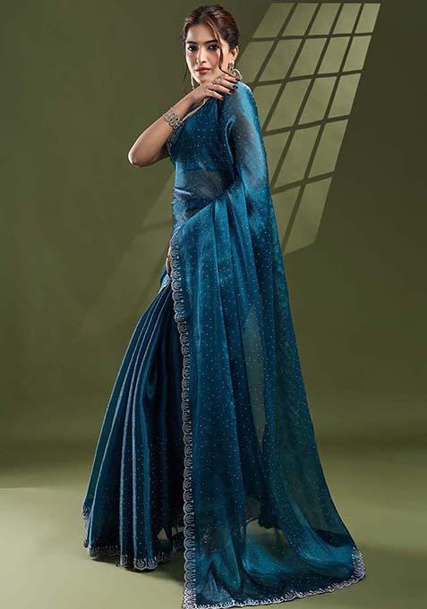 Teal Blue Swarovski Work Silk Chiffon Saree Set