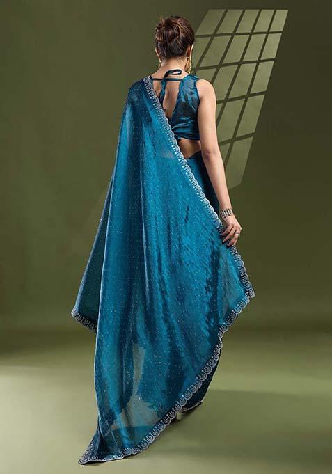 Teal Blue Swarovski Work Silk Chiffon Saree Set