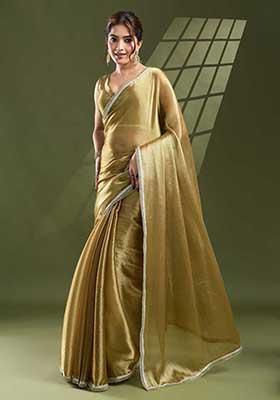 Olive Solid Silk Chiffon Saree Set
