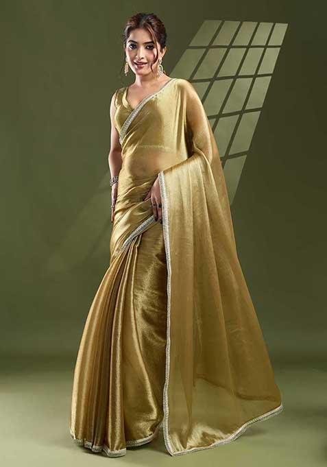 Olive Solid Silk Chiffon Saree Set