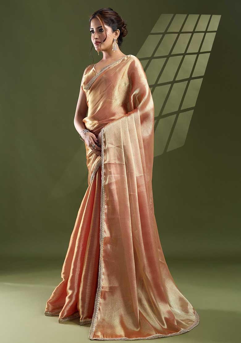 Peach Solid Silk Chiffon Saree Set