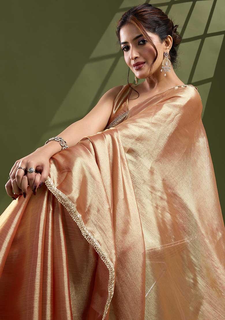 Peach Solid Silk Chiffon Saree Set