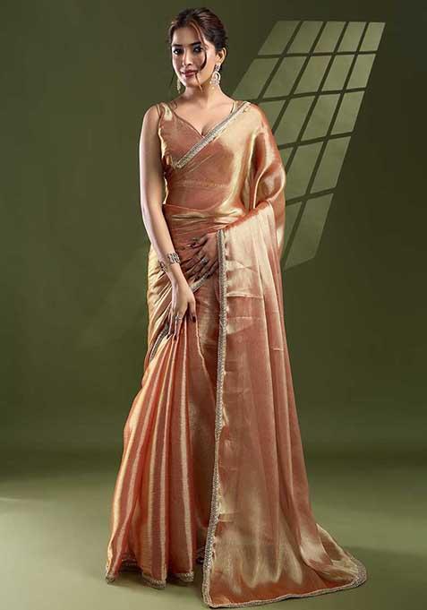 Peach Solid Silk Chiffon Saree Set