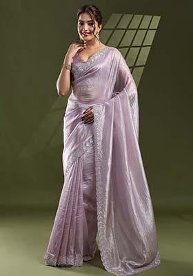 Lilac Beads And Stone Work Silk Chiffon Saree Set
