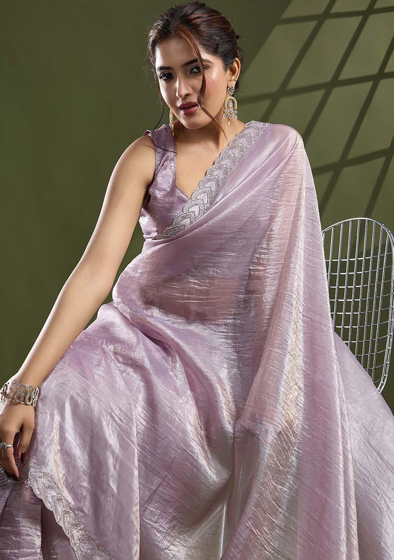Lilac Beads And Stone Work Silk Chiffon Saree Set
