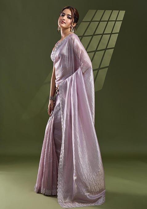 Lilac Beads And Stone Work Silk Chiffon Saree Set