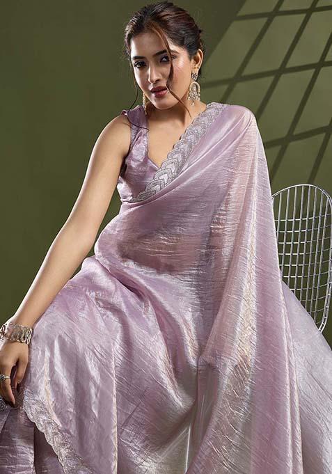 Lilac Beads And Stone Work Silk Chiffon Saree Set