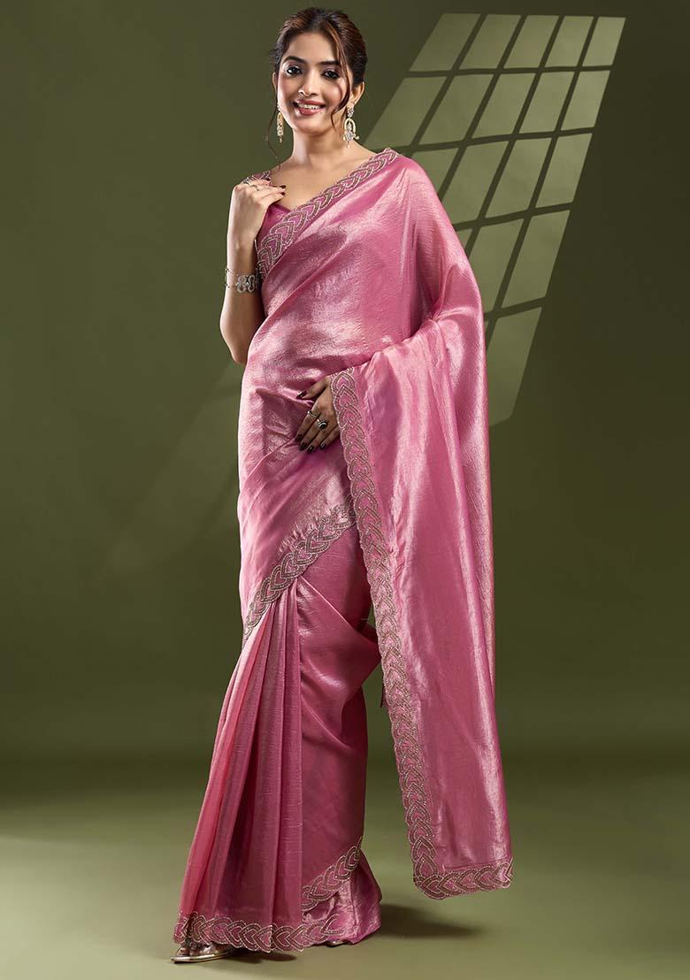 Pink Beads And Stone Work Silk Chiffon Saree Set