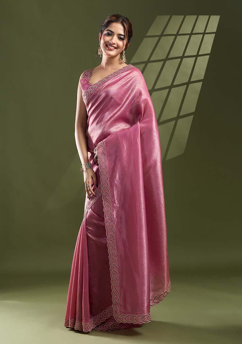 Pink Beads And Stone Work Silk Chiffon Saree Set