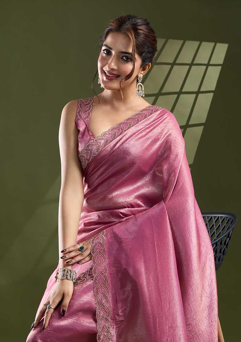Pink Beads And Stone Work Silk Chiffon Saree Set