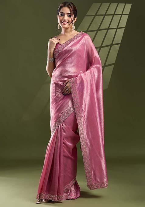 Pink Beads And Stone Work Silk Chiffon Saree Set
