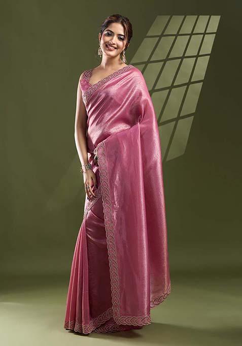 Pink Beads And Stone Work Silk Chiffon Saree Set