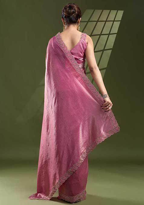 Pink Beads And Stone Work Silk Chiffon Saree Set