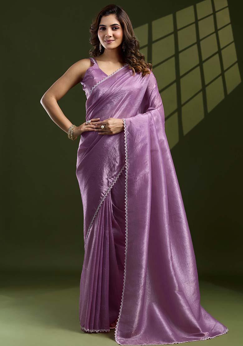 Lavender Swarovski Zircon Work Silk Chiffon Saree Set