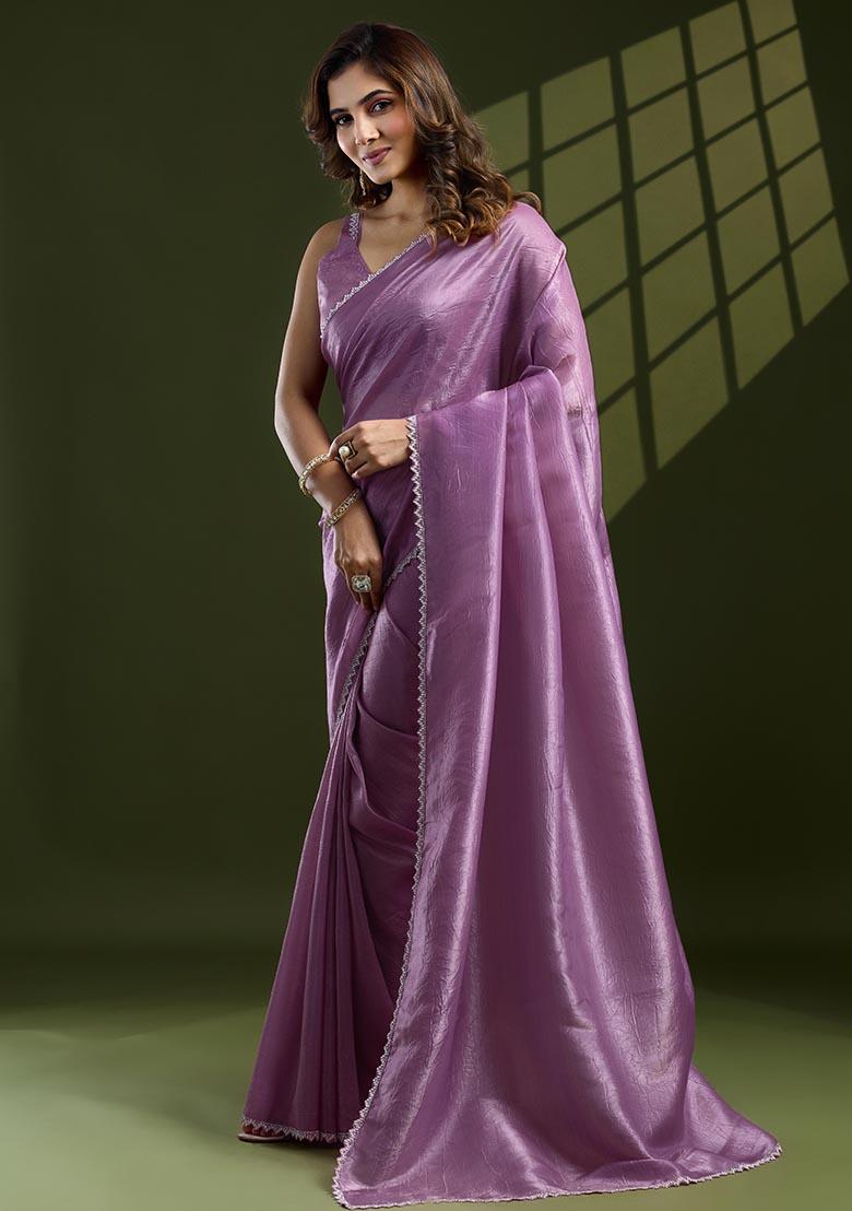 Lavender Swarovski Zircon Work Silk Chiffon Saree Set