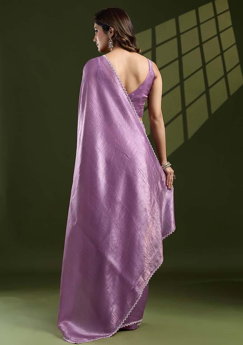 Lavender Swarovski Zircon Work Silk Chiffon Saree Set