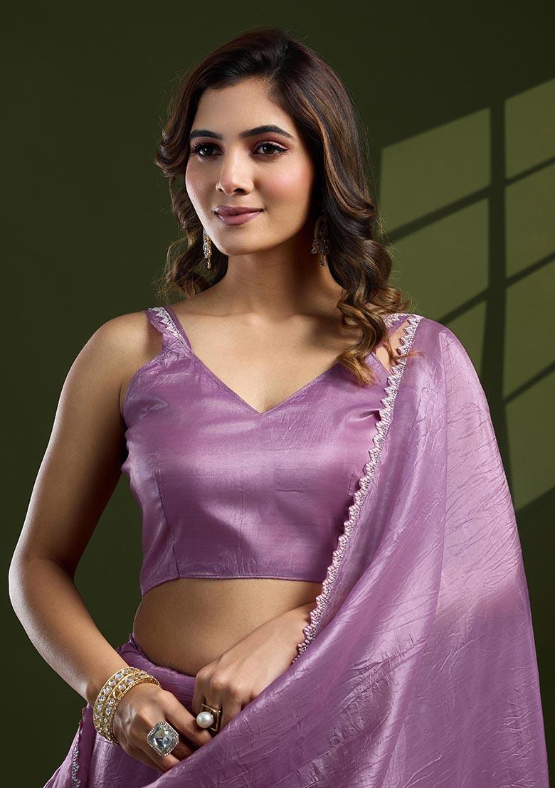 Lavender Swarovski Zircon Work Silk Chiffon Saree Set