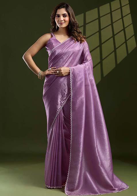 Lavender Swarovski Zircon Work Silk Chiffon Saree Set