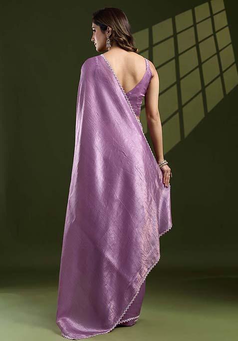 Lavender Swarovski Zircon Work Silk Chiffon Saree Set